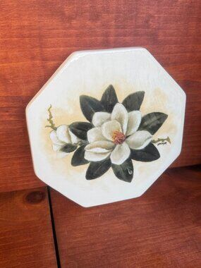Vintage Hand Painted Magnolia Ceramic Trivet Octagon White Floral Signed Laverne
